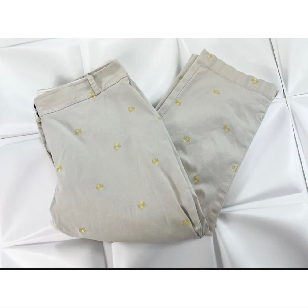Talbots Sz 14 Lemon Embroidered Khaki Beige Heritage Cropped l Chino Pants